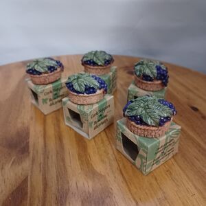Lot of 5-Handpainted Cork Bottle Toppers Bottle Basket of Wine Grapes Ceramic